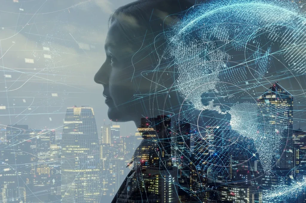Double exposure of a woman's profile and digital globe over a cityscape.