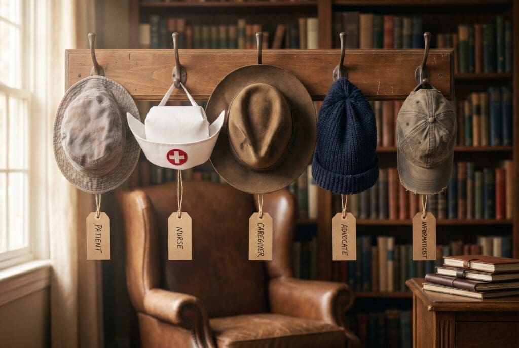 Danny van Leeuwen wears many hats in healthcare. Five hats on a coat rack tagged Patient, Nurse, Caregiver, Advocate, Informaticist — illustrating the perspective of a patient-centered healthcare AI advocate