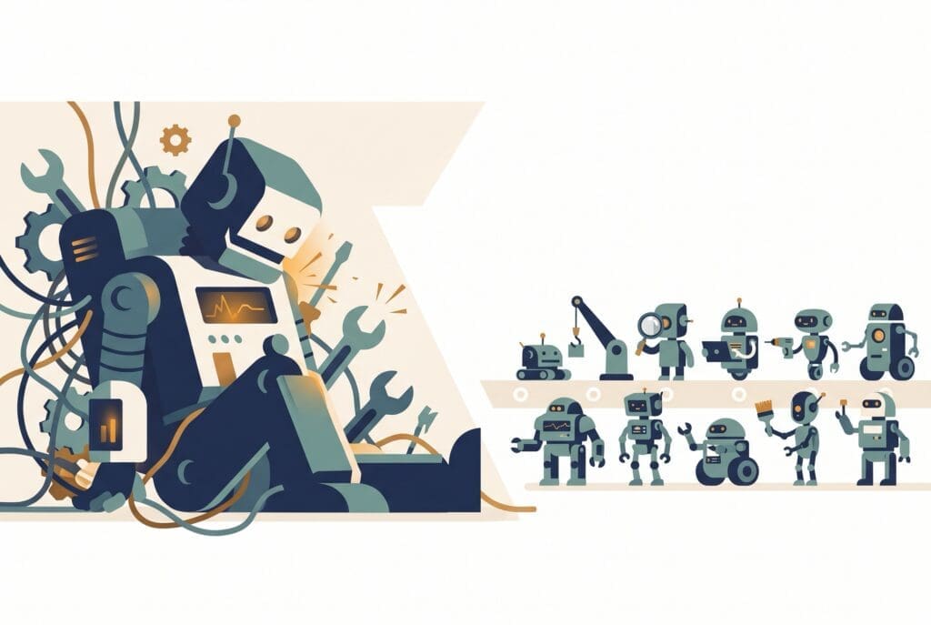Generalist AI vs specialized AI illustration: a tangled multi-purpose robot on the left gives way to a row of purpose-built robots on the right, each designed for a specific job