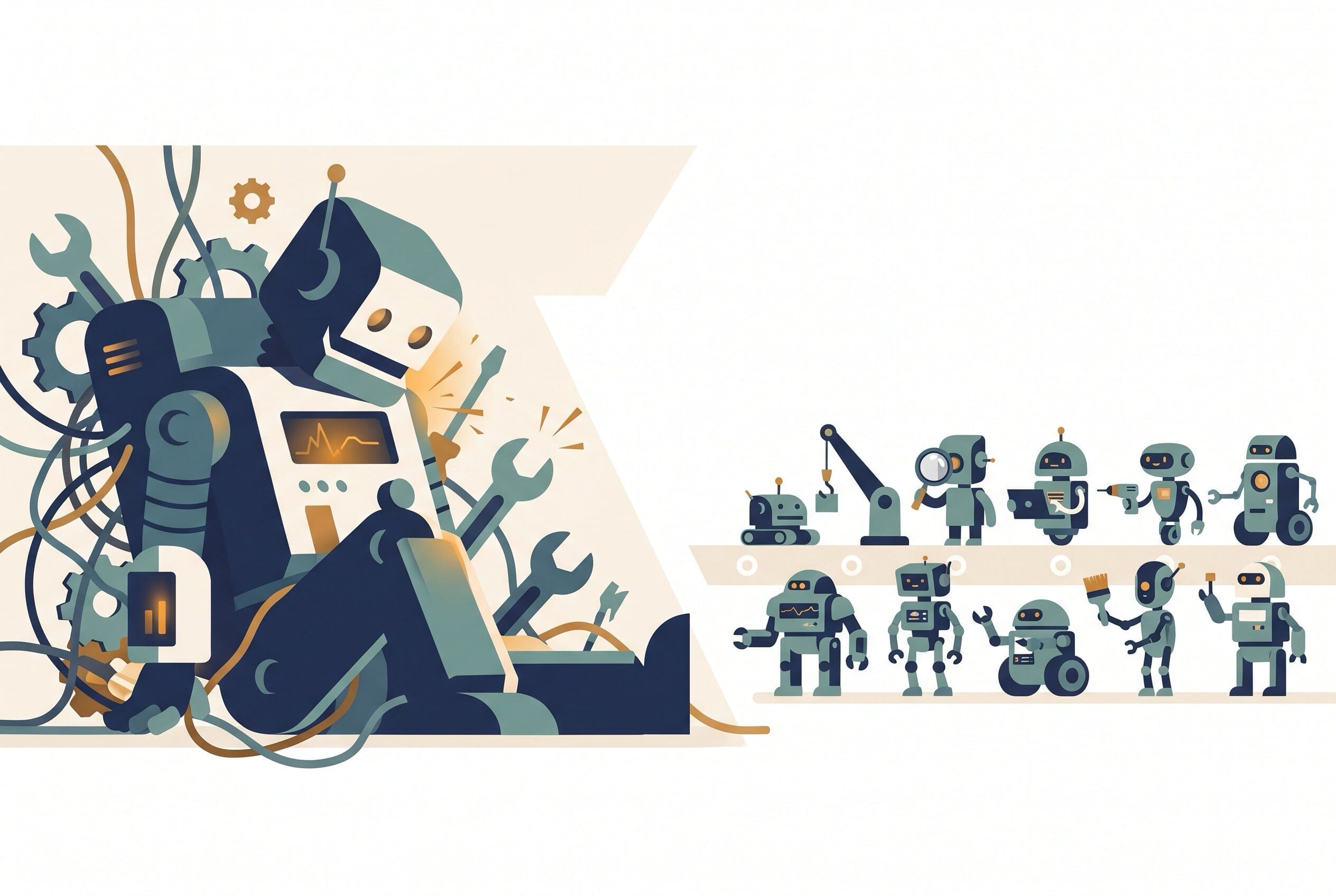 Generalist AI vs specialized AI illustration: a tangled multi-purpose robot on the left gives way to a row of purpose-built robots on the right, each designed for a specific job