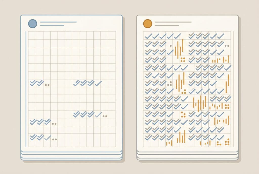 A conceptual illustration of the CONCERN early-warning AI model used in nursing informatics. It compares two nursing flow sheets: a left chart with mostly white space and minimal checkmarks indicating a stable patient, and a right chart crowded with dense documentation, checkmarks, and orange bar graphs. The image visually represents how the AI analyzes the density of a nurse's charting behavior to predict clinical deterioration.