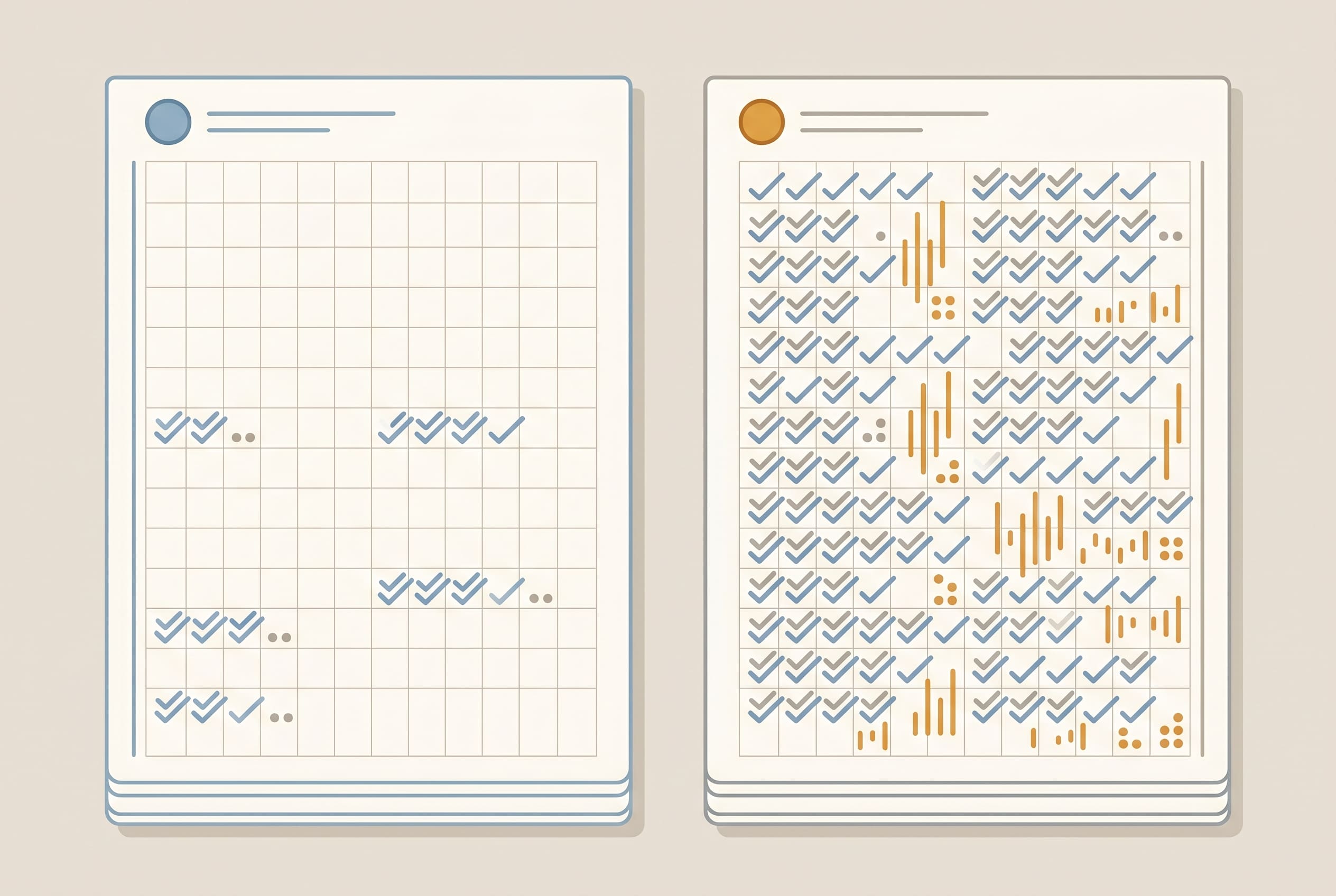 A conceptual illustration of the CONCERN early-warning AI model used in nursing informatics. It compares two nursing flow sheets: a left chart with mostly white space and minimal checkmarks indicating a stable patient, and a right chart crowded with dense documentation, checkmarks, and orange bar graphs. The image visually represents how the AI analyzes the density of a nurse's charting behavior to predict clinical deterioration.