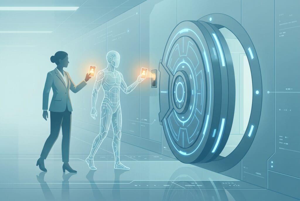 A clinician and an AI agent both hold digital ID credentials to access a secure health data vault, illustrating ONC's HTI-5 proposed rule redefining authorized "users" to include autonomous AI systems and robotic process automation under federal information blocking regulations.
