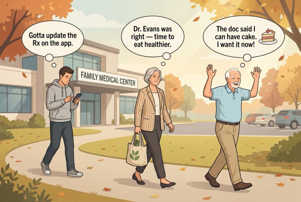 An illustration demonstrating gaps in patient communication and clinical AI. Three people walk away from a medical clinic with distinct thought bubbles: a man checking a healthcare app, a woman holding a grocery bag planning a healthy diet, and an older patient cheering about being allowed to eat cake.