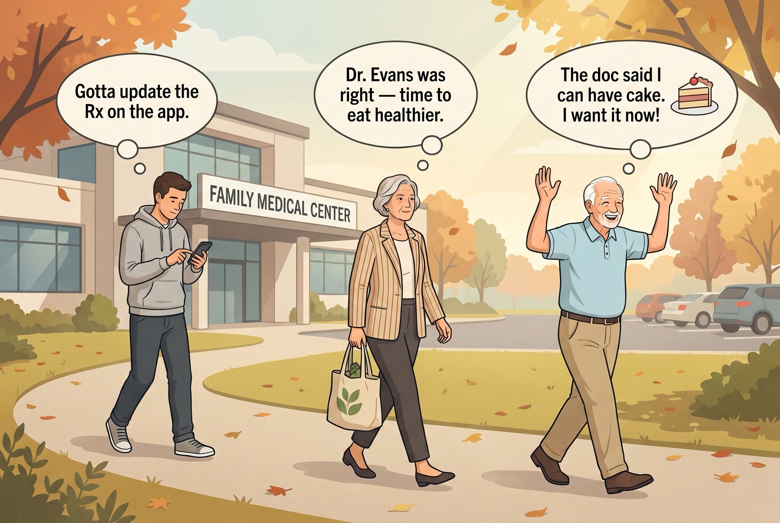 An illustration demonstrating gaps in patient communication and clinical AI. Three people walk away from a medical clinic with distinct thought bubbles: a man checking a healthcare app, a woman holding a grocery bag planning a healthy diet, and an older patient cheering about being allowed to eat cake.