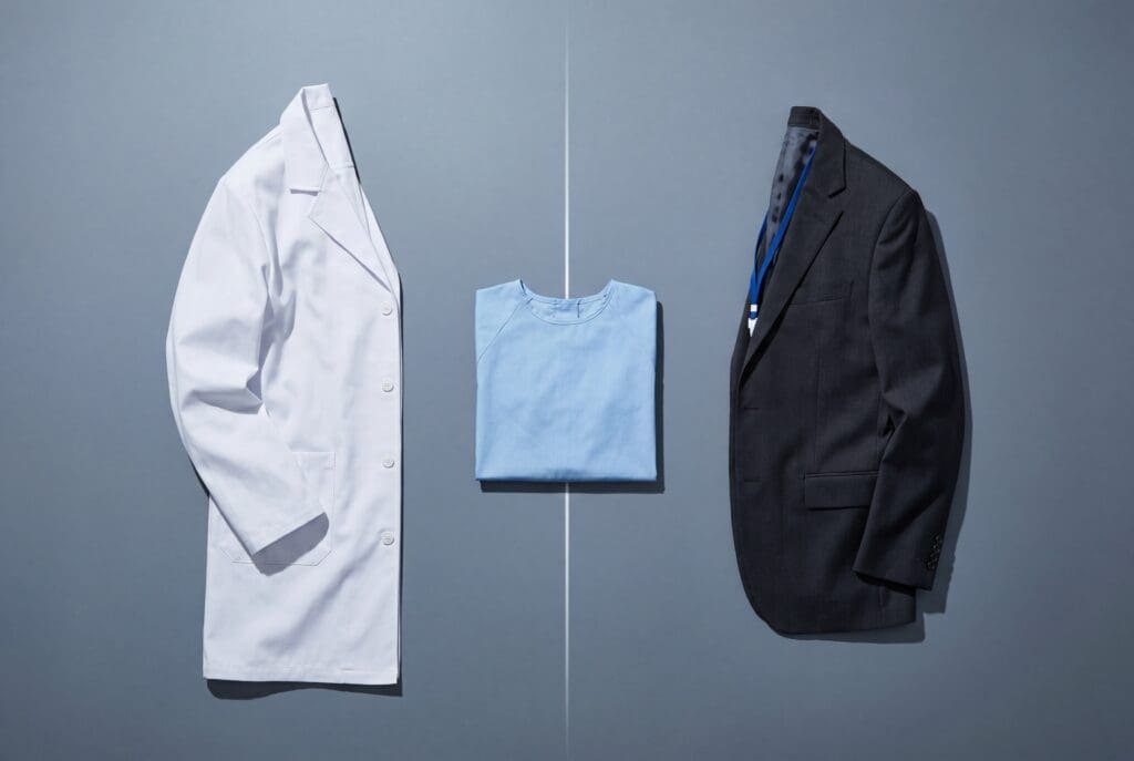 Conceptual image for medical AI bias featuring a physician's white lab coat, a patient gown, and a corporate business suit jacket, illustrating how system prompts shift AI healthcare recommendations between doctors and insurance companies.