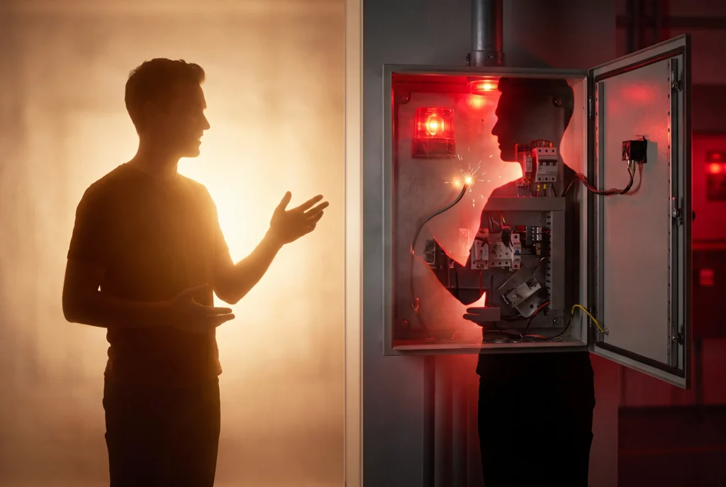 Conceptual hero image for healthcare AI safety featuring Dr. Peter Embi’s silhouette next to an open, malfunctioning control panel with a red alarm light, representing the monitoring of clinical algorithms and medical AI drift.