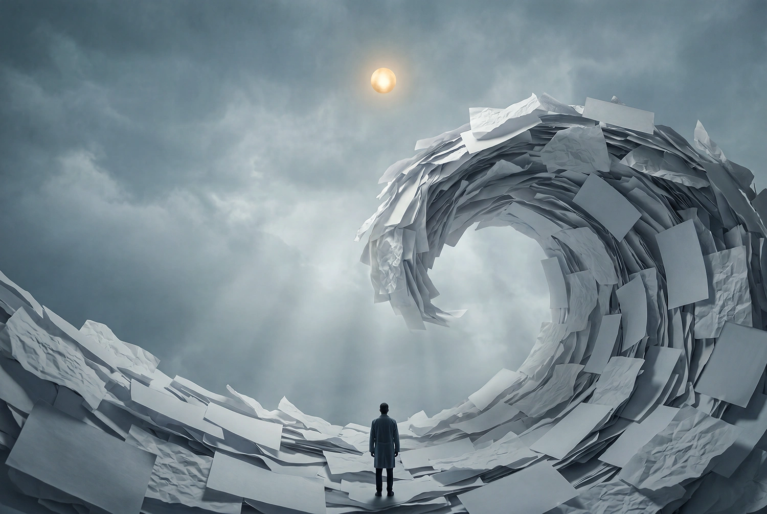 Surreal landscape showing a clinician in a white coat, overwhelmed, facing a giant tsunami wave composed of medical paperwork and data, a conceptual illustration of healthcare information overload and burnout.