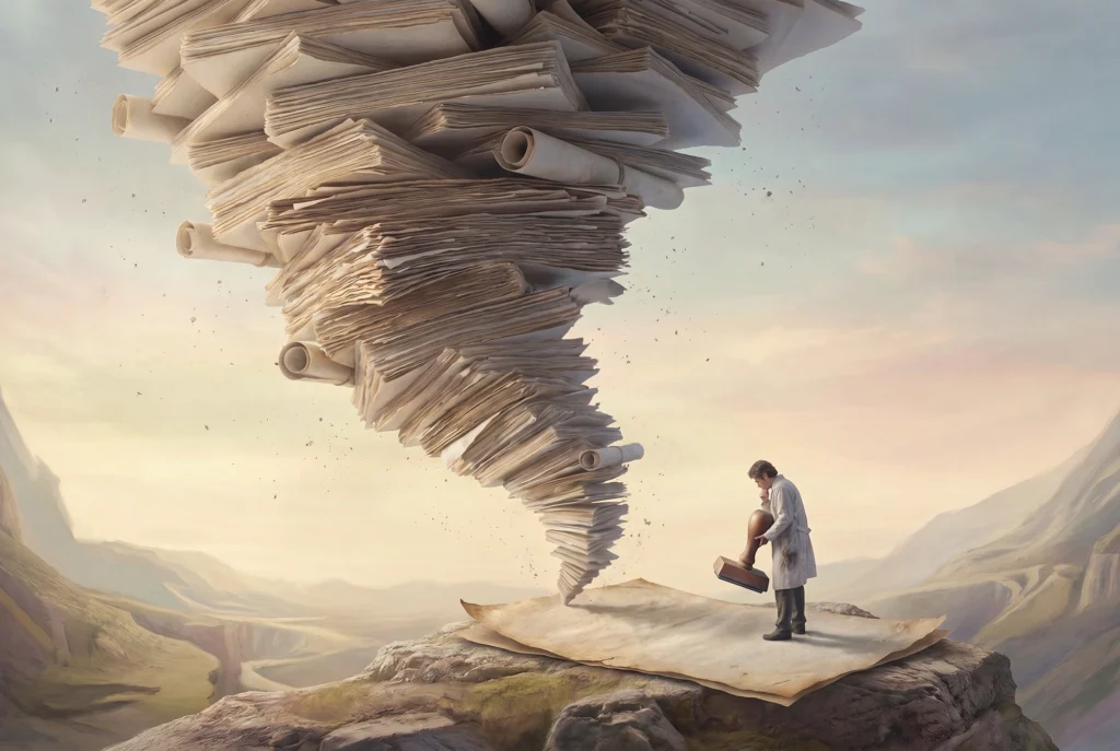 Conceptual illustration of symbolic AI and human review in healthcare: a researcher stamps an approved paper at the base of a paper tornado representing clinical trial data.