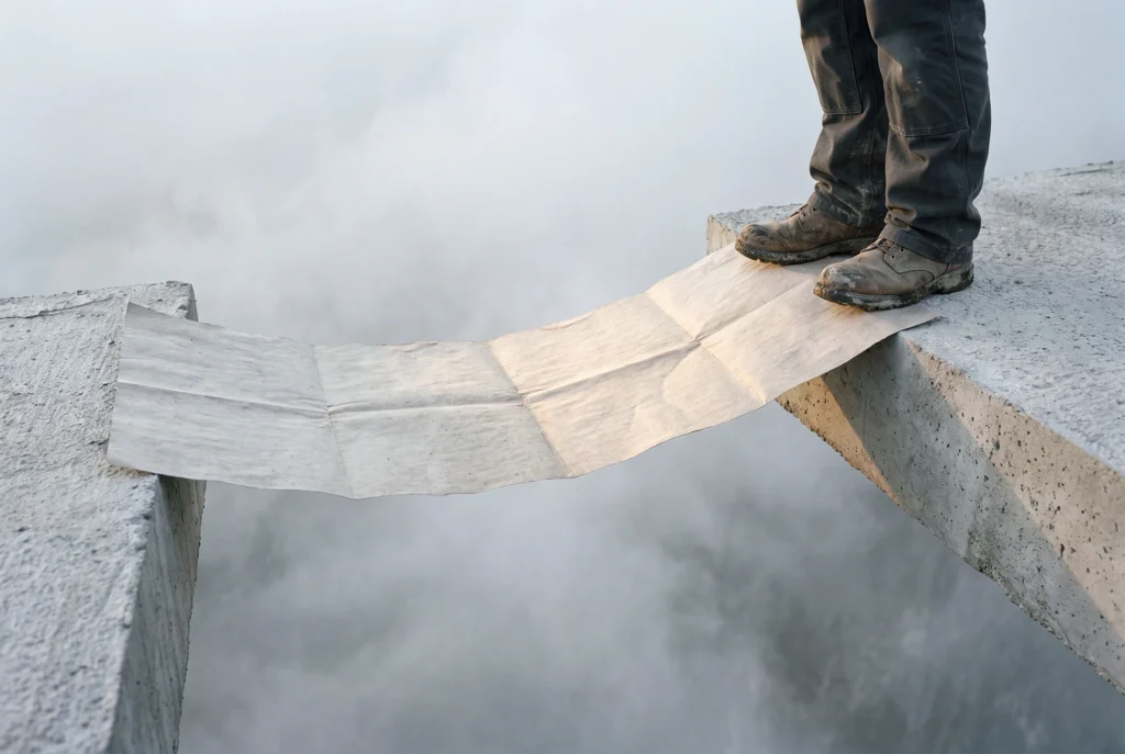 A person in work boots on a concrete ledge preparing to step onto a paper bridge over fog, symbolizing the fragile gap between basic AI literacy and practical healthcare AI implementation.