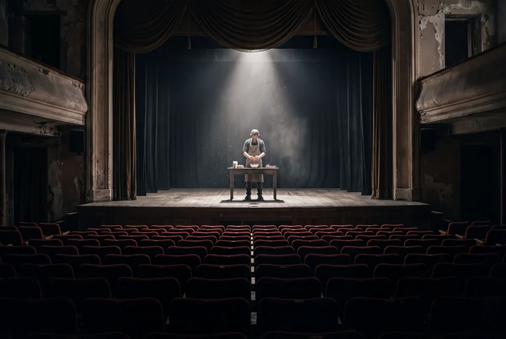 A lone baker cracking an egg at a small table under a spotlight on a dark, empty theater stage, symbolizing "judgment theater" and human oversight in healthcare AI adoption.