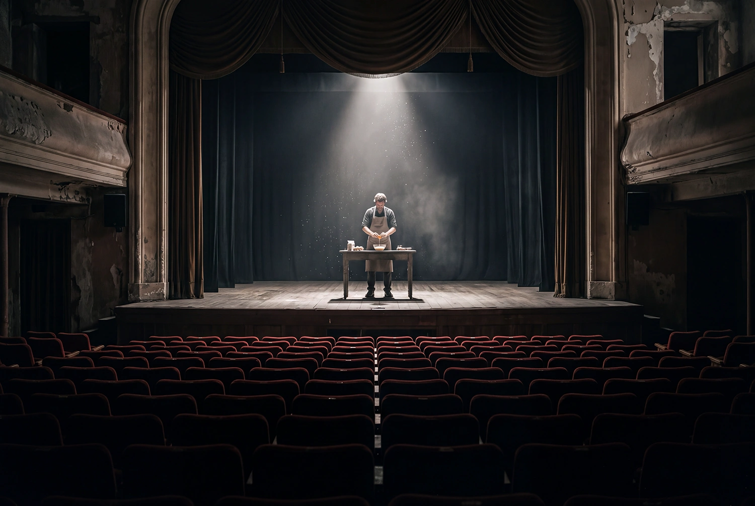 A lone baker cracking an egg at a small table under a spotlight on a dark, empty theater stage, symbolizing "judgment theater" and human oversight in healthcare AI adoption.