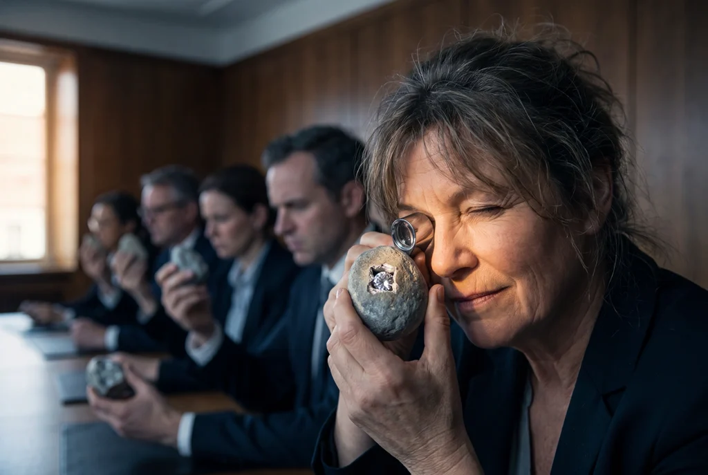 An investor using a jeweler's loupe to inspect a glowing diamond hidden inside a rough stone at a boardroom table, symbolizing early-stage startup valuation.