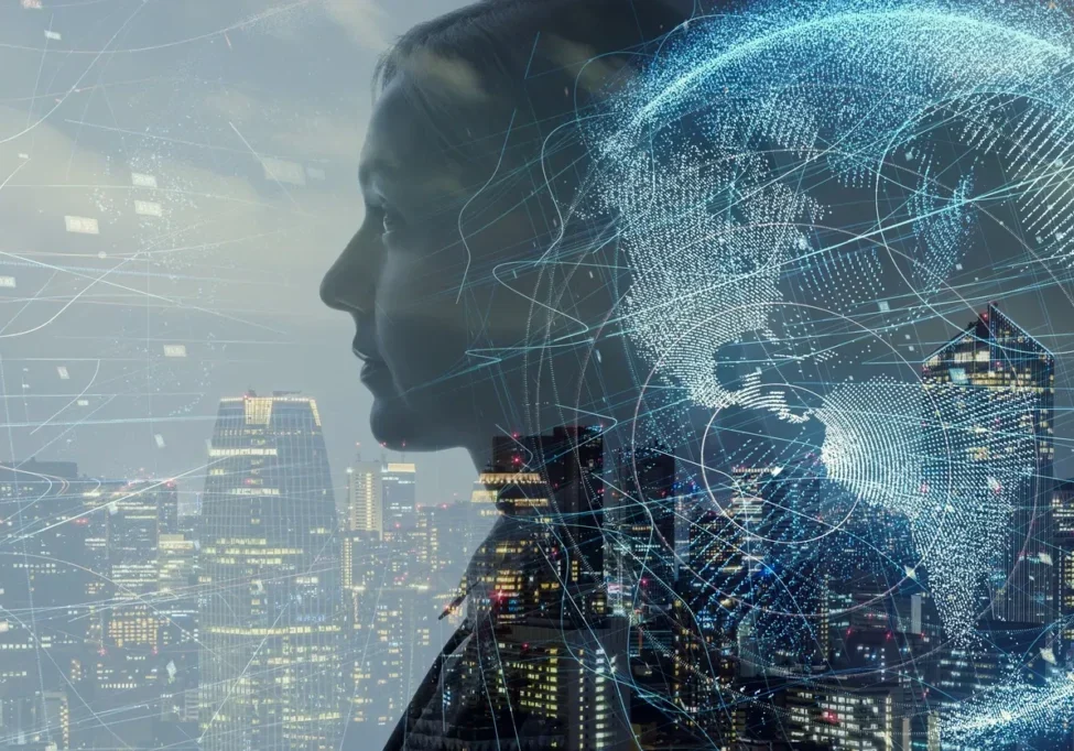 Double exposure of a woman's profile and digital globe over a cityscape.