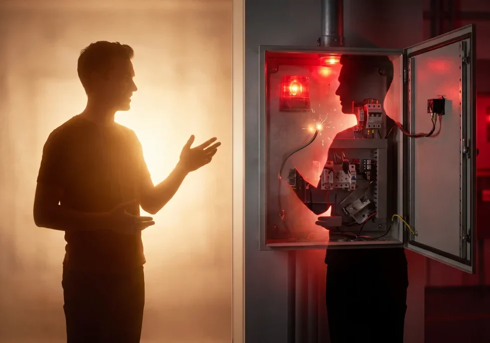 Conceptual hero image for healthcare AI safety featuring Dr. Peter Embi’s silhouette next to an open, malfunctioning control panel with a red alarm light, representing the monitoring of clinical algorithms and medical AI drift.