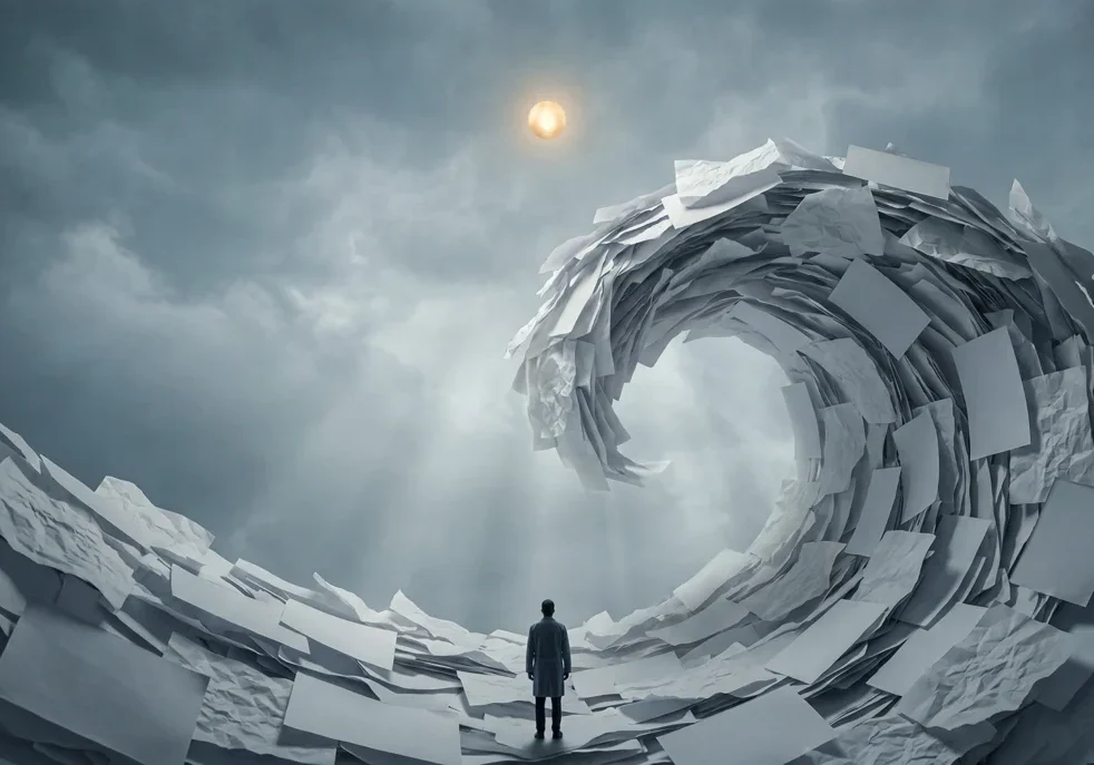 Surreal landscape showing a clinician in a white coat, overwhelmed, facing a giant tsunami wave composed of medical paperwork and data, a conceptual illustration of healthcare information overload and burnout.