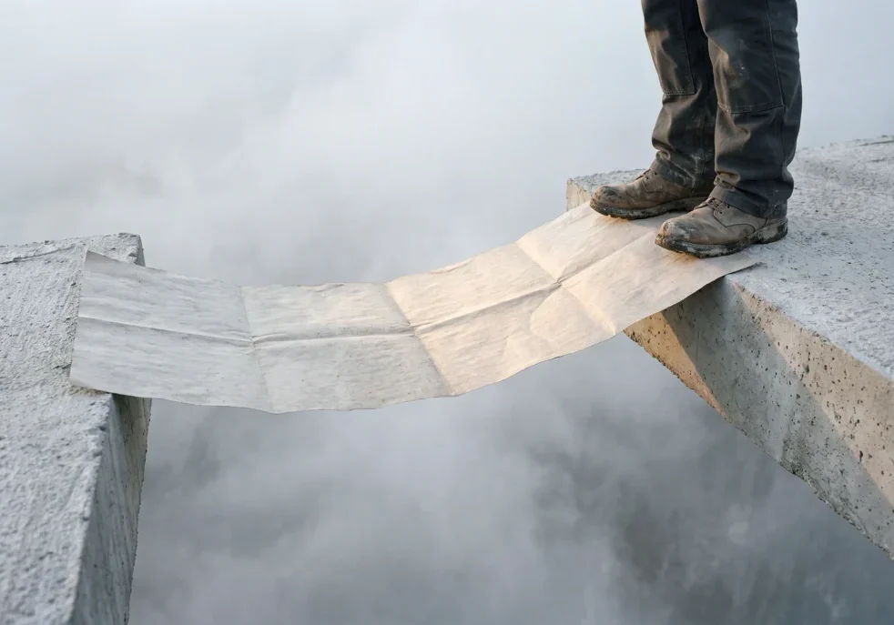 A person in work boots on a concrete ledge preparing to step onto a paper bridge over fog, symbolizing the fragile gap between basic AI literacy and practical healthcare AI implementation.