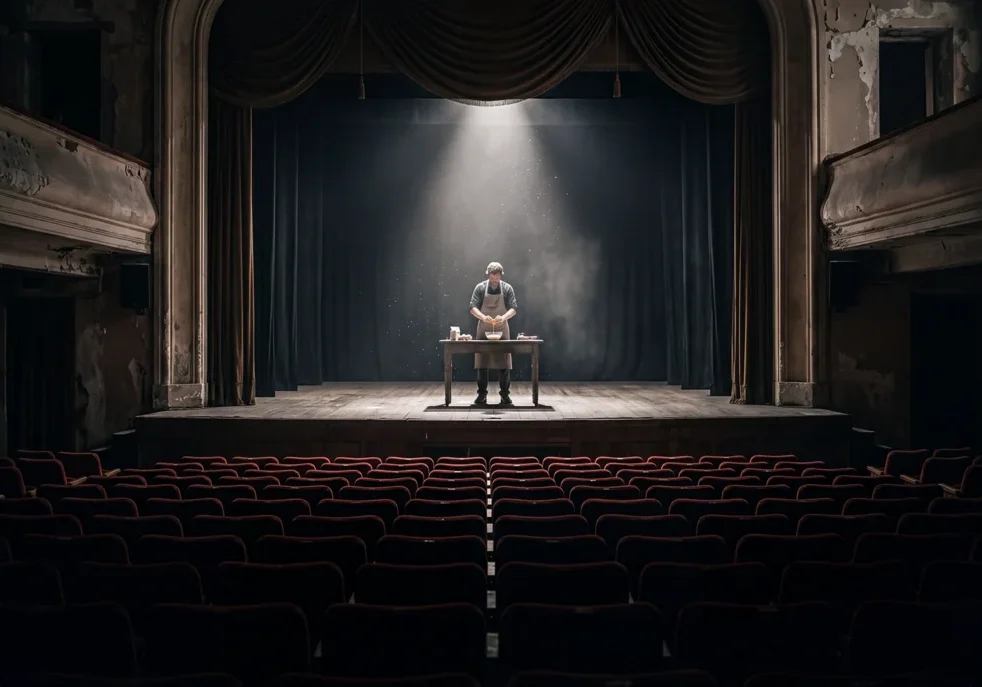 A lone baker cracking an egg at a small table under a spotlight on a dark, empty theater stage, symbolizing "judgment theater" and human oversight in healthcare AI adoption.