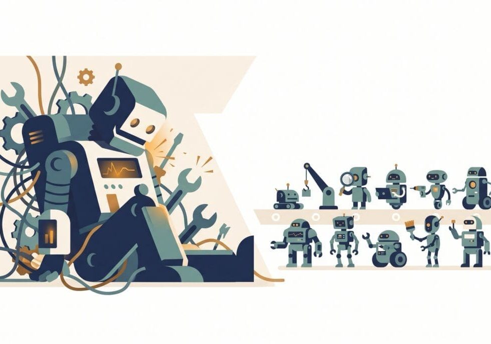 Generalist AI vs specialized AI illustration: a tangled multi-purpose robot on the left gives way to a row of purpose-built robots on the right, each designed for a specific job