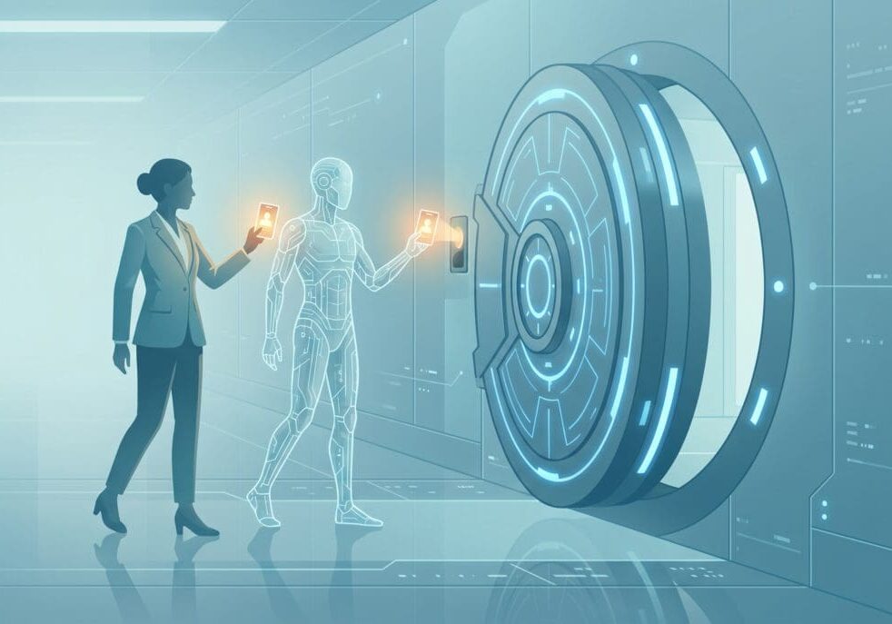 A clinician and an AI agent both hold digital ID credentials to access a secure health data vault, illustrating ONC's HTI-5 proposed rule redefining authorized "users" to include autonomous AI systems and robotic process automation under federal information blocking regulations.