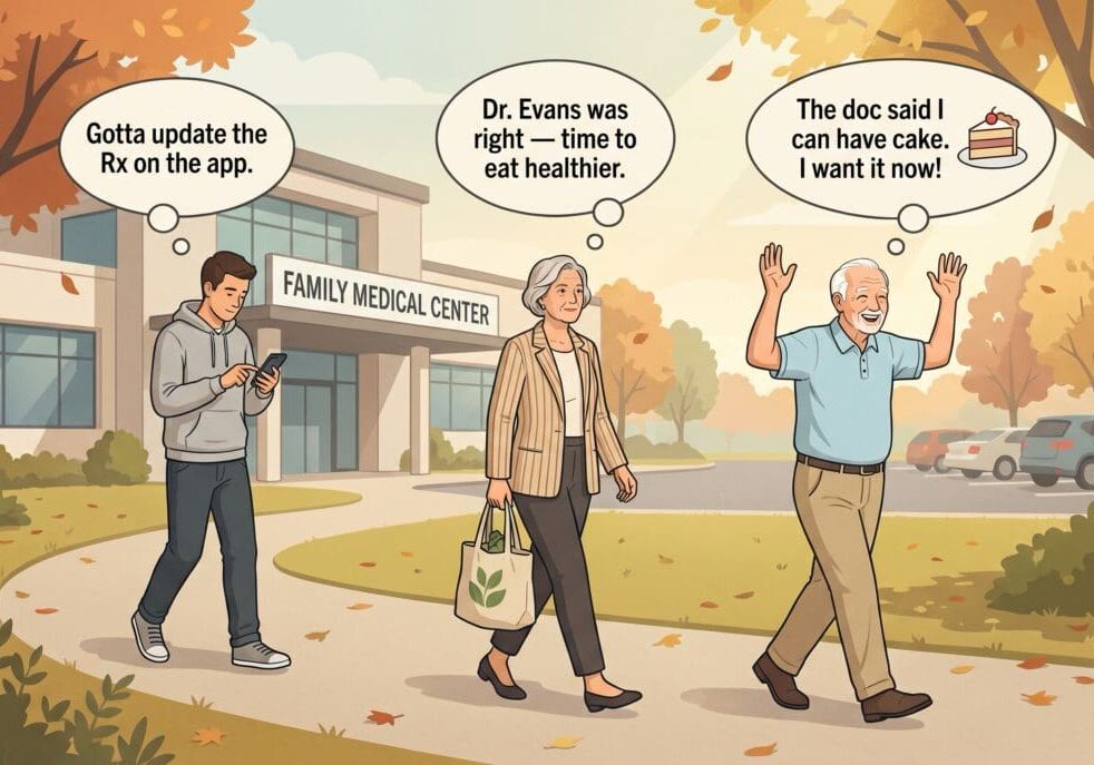 An illustration demonstrating gaps in patient communication and clinical AI. Three people walk away from a medical clinic with distinct thought bubbles: a man checking a healthcare app, a woman holding a grocery bag planning a healthy diet, and an older patient cheering about being allowed to eat cake.